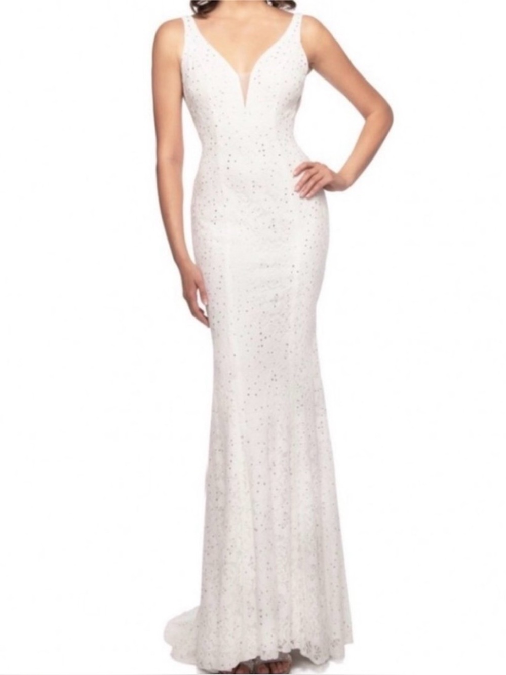 🤍 Abby Paris White Lace Rhinestone Gown – Size 2